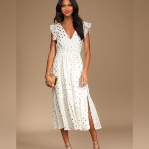 Lulus NWT Cause to Celebrate White and Gold Dot Ruffled Tiered Midi Dress Small